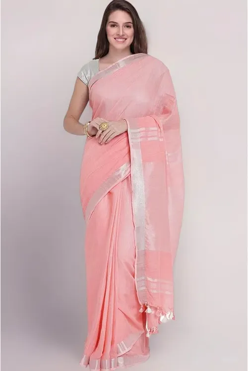 Elegant Plain Pink Cotton Saree with Silver Zari Border